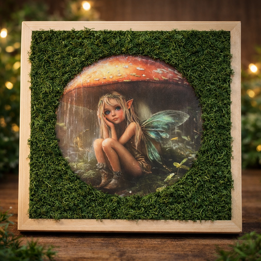 Portrait féerique – Fée sous champignon, cadre bois et mousses - Créaty