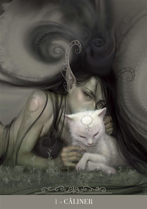 Détail d'une des 23 cartes de l'Oracle des Chats Fantasy, illustrée par Paolo Barbieri, révélant l'énergie spirituelle des chats.