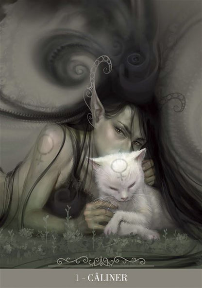 Détail d'une des 23 cartes de l'Oracle des Chats Fantasy, illustrée par Paolo Barbieri, révélant l'énergie spirituelle des chats.