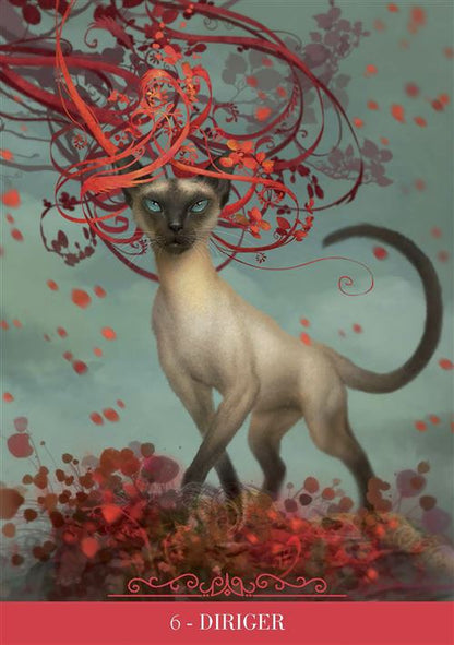 Illustration captivante de l'Oracle des Chats Fantasy, mettant en avant des cartes ornées de motifs féériques et de chats mystérieux.