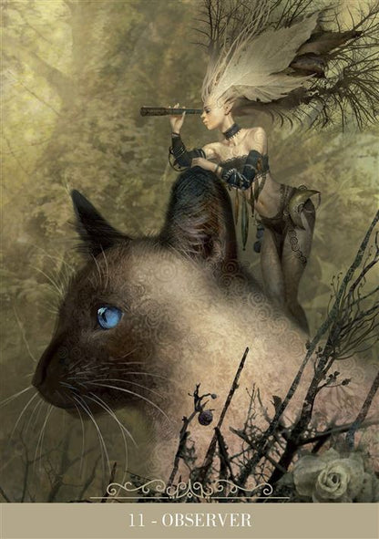 Oracle des Chats Fantasy - Vue d'ensemble du coffret comprenant des cartes et un guide, invitant à l'exploration intérieure.