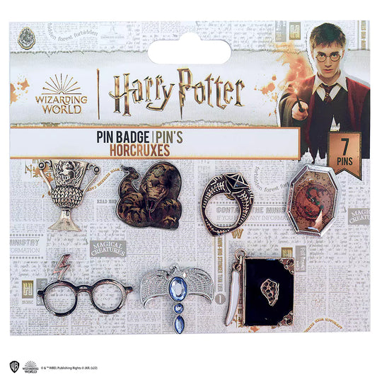 Pin's Horcruxes - Harry Potter, illustrant la coupe de Helga Poufsouffle et la bague des Gaunt, parfaits pour les collectionneurs et les fans de la saga.