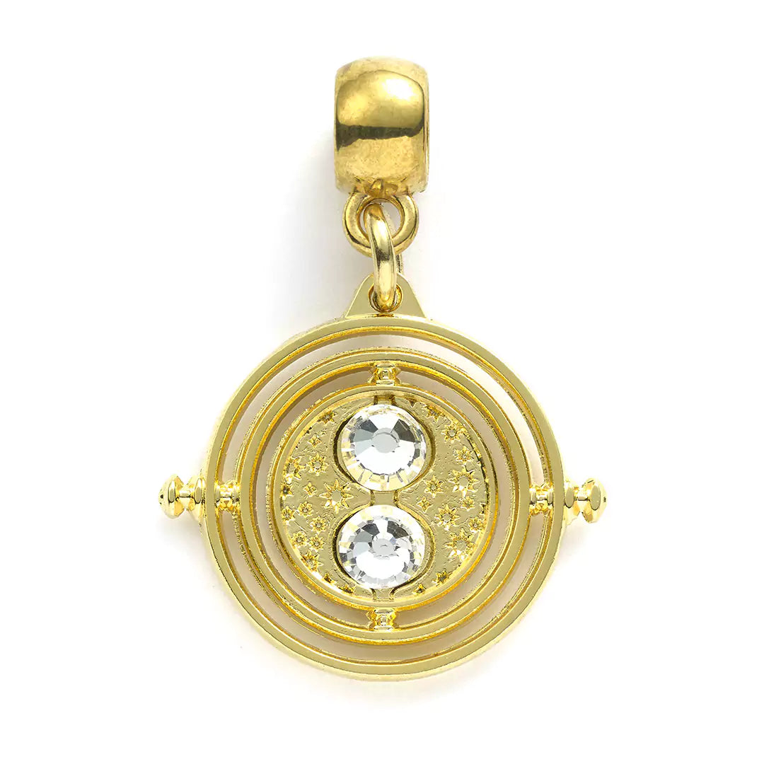 Pendentif Charm Retourneur de temps immobile, un bijou en plaqué or avec cristaux étincelants inspiré par Harry Potter, parfait pour les fans de la saga.