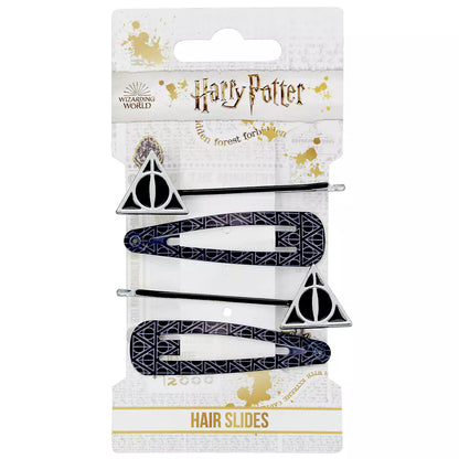 Zoom sur l'ensemble de barrettes Reliques de la Mort - Détails captivants des barrettes décorées avec des motifs magiques de la saga Harry Potter.