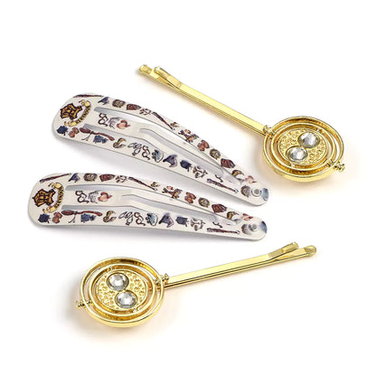 Ensemble de barrettes Retourneur de temps, featuring two elegant hair clips inspired by the magical accessory of Hermione Granger, perfect for Harry Potter fans.