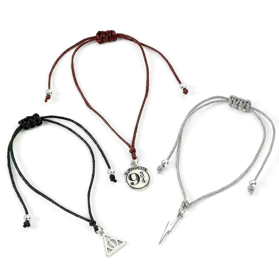 Bracelet d'amitié Harry Potter noir avec charme en forme de Reliques de la Mort - Lot de 3 bracelets d'amitié - Argentés - Harry Potter.