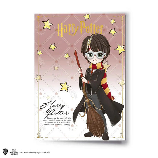 Carte de vœux Harry avec Pin’s - Harry Potter, illustrée avec des éléments magiques du monde sorcier, parfaite pour toutes les occasions.