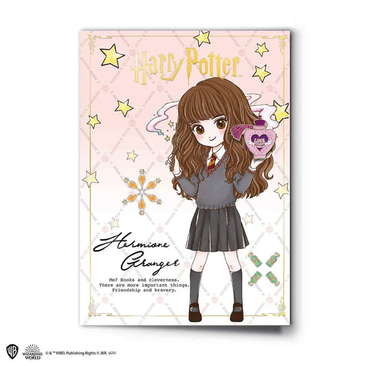 Carte de vœux Hermione avec Pin’s - Harry Potter, une illustration magique de Hermione qui ravira les fans de la saga.