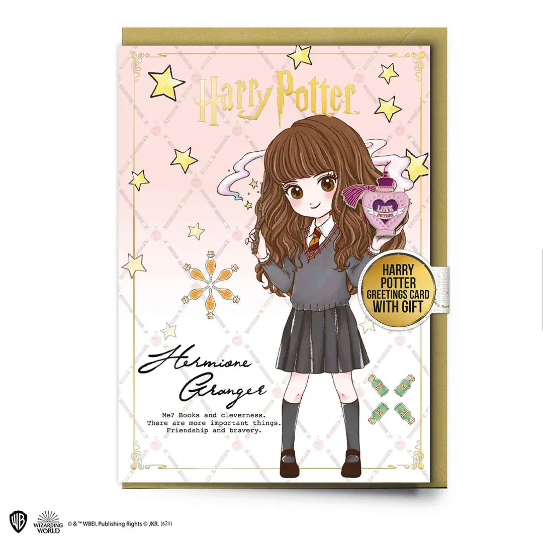Détails de la carte de vœux Hermione avec Pin’s - Harry Potter, mettant en valeur le design enchanteur qui célèbre l'amitié.