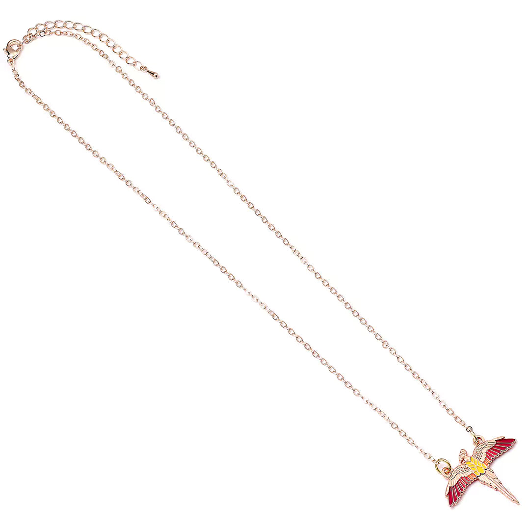 Collier Fumseck plaqué or rose de Harry Potter, un bijou enchanteur inspiré du phénix, représentant la magie et l'élégance.