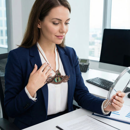 Eldrak l’œil du dragon gardien des pierres, un collier captivant avec sertissage en cuivre et cabochon en verre, évoquant mystère et élégance.
