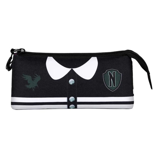 Détail de la trousse triple uniforme de Wednesday - Grande capacité de rangement pour stylos et accessoires, parfaite pour les fans.