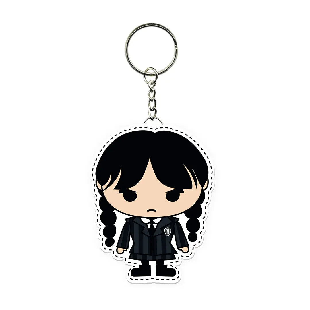 Porte-clés Wednesday chibi - Accessoire unique représentant Wednesday Addams en style chibi, parfait pour les fans de la série emblématique.