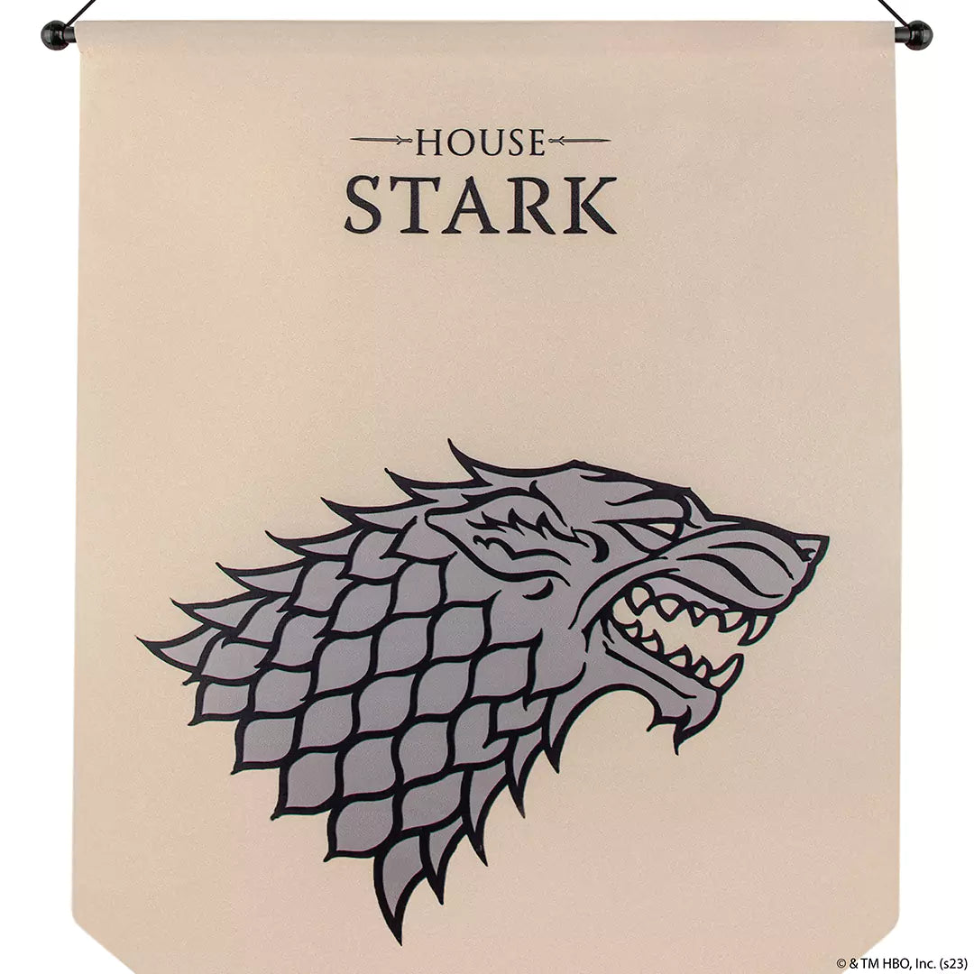 Bannière blason Stark - Game of Thrones, symbole emblématique de la maison Stark, conçue en tissu de haute qualité, apportant une touche unique à votre décoration intérieure.