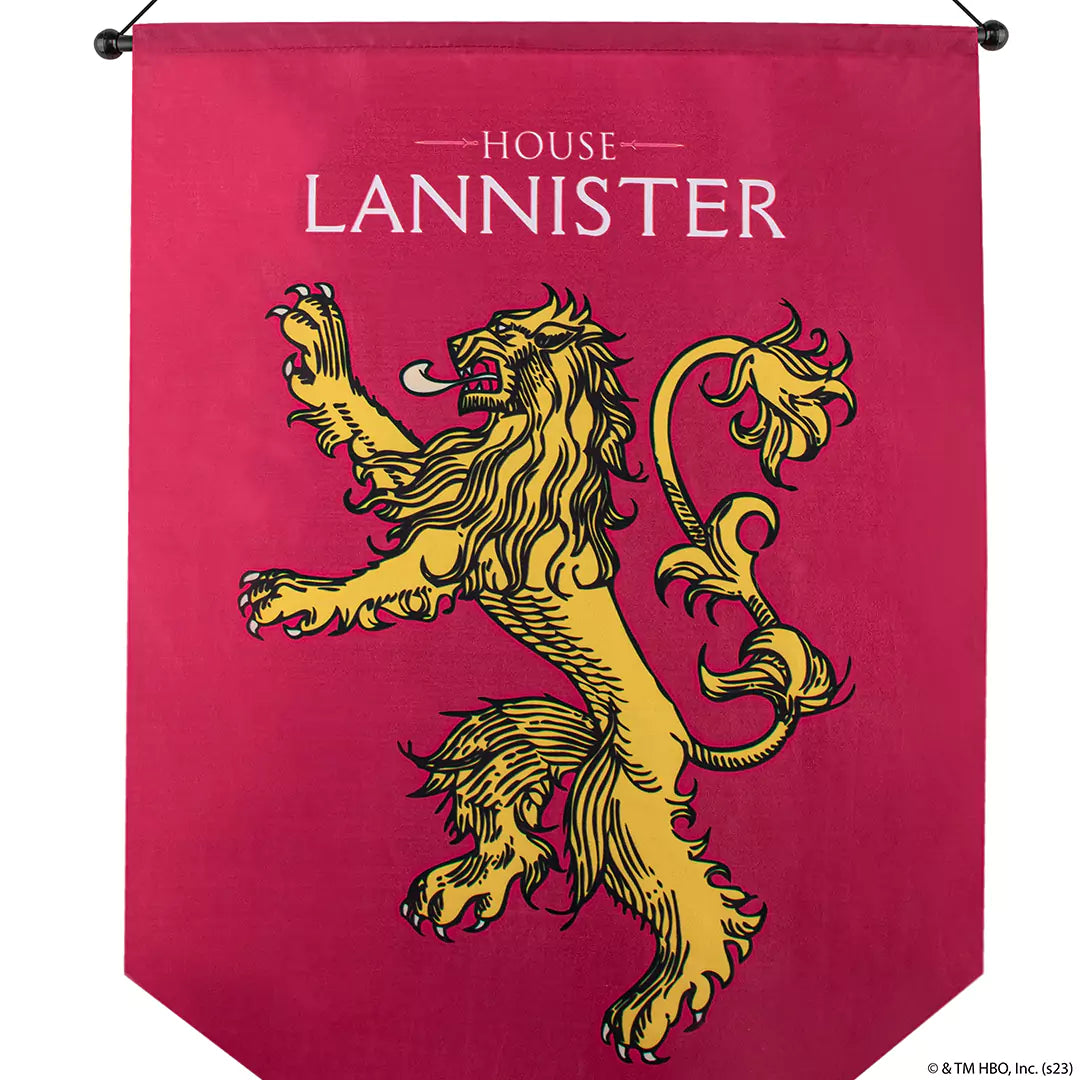 Détails de la bannière blason Lannister - Game of Thrones, mettant en valeur son impression de haute qualité et ses couleurs vives.