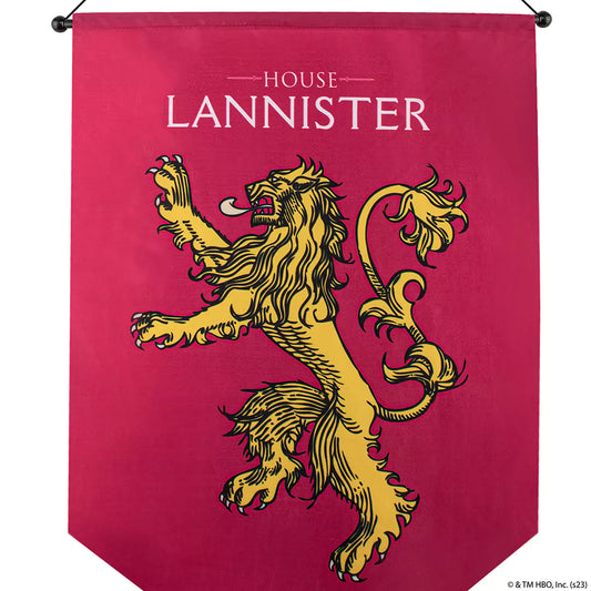 Détails de la bannière blason Lannister - Game of Thrones, mettant en valeur son impression de haute qualité et ses couleurs vives.