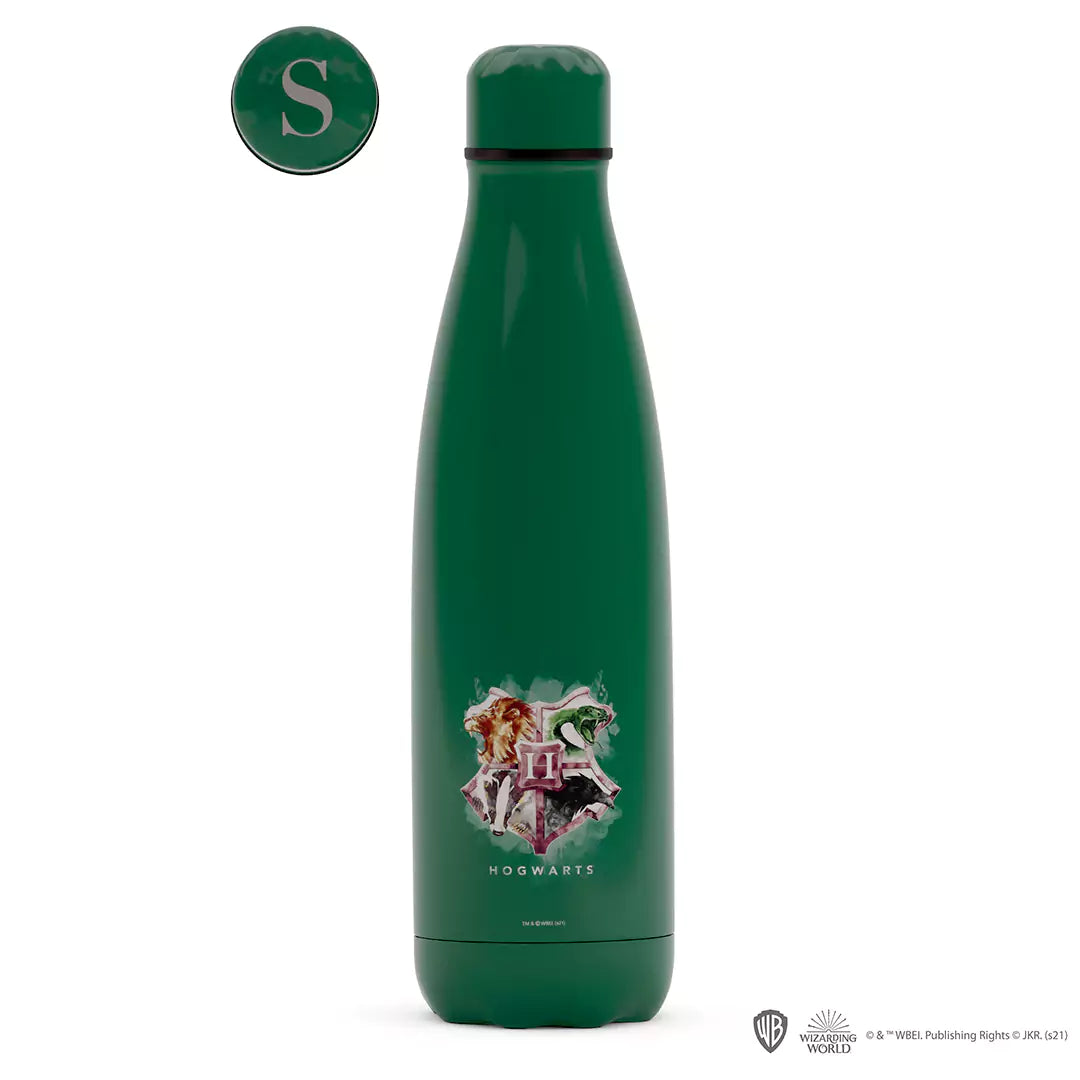 Détails du matériau en acier inoxydable de la bouteille isotherme 500ml Serpentard Harry Potter, garantissant durabilité et style.