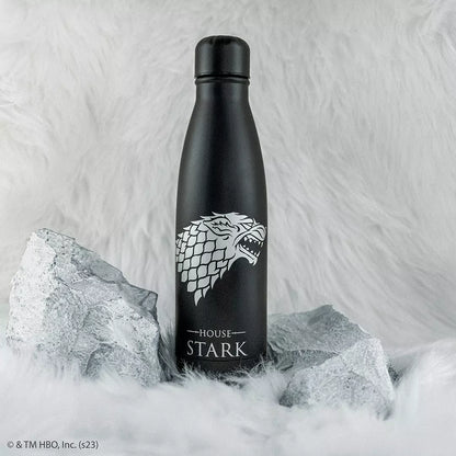 Bouteille isotherme 500ml Blason Stark de Game of Thrones montrant ses caractéristiques isolantes pour boissons chaudes et froides.