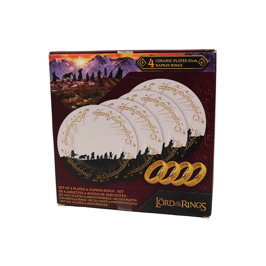 Lot de 4 assiettes et 4 anneaux ronds de serviettes - Seigneur des Anneaux, assiettes décorées avec des designs inspirés de la Communauté de l'Anneau, parfaites pour des dîners thématiques.