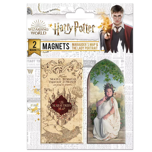 Set de 2 magnets Harry Potter - Illustration emblématique de la Carte du Maraudeur et la Dame du portrait.
