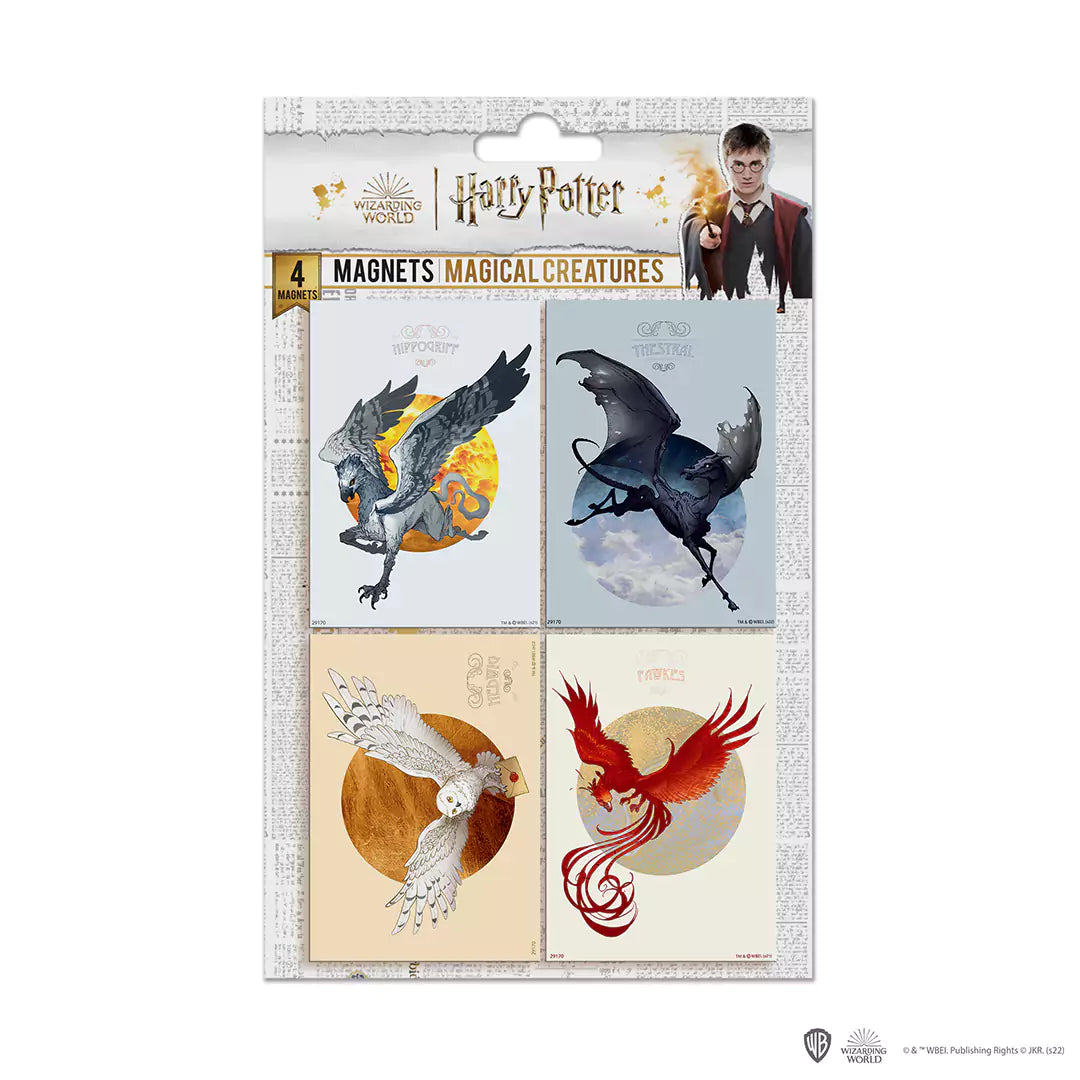 Set de 4 magnets - Créatures Magiques - Harry Potter sur un réfrigérateur, ajoutant une touche enchantée à votre décoration.