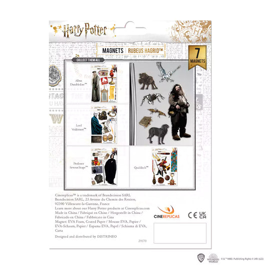 Détails des magnets en mousse Hagrid - Harry Potter incluant des personnages emblématiques comme Norbert le dragon et Aragog, idéaux pour les fans.