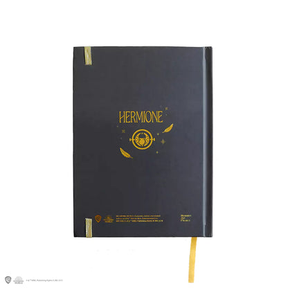 Détails du carnet rigide et marque-page - Hermione et ses sorts, présentant ses 160 pages parfaites pour écrire et dessiner.