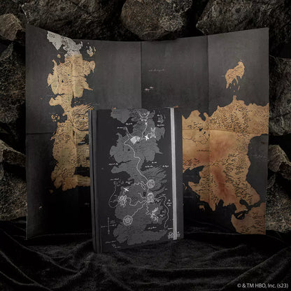 Carnet rigide Westeros - Game of Thrones ouvert, présentant son marque-page exclusif et un jolie ruban coloré.