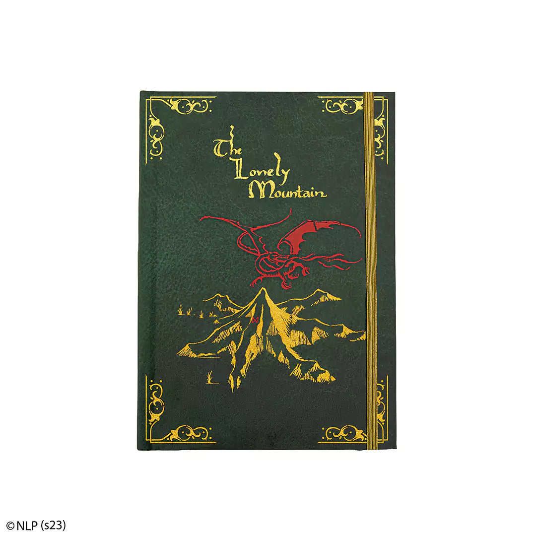 Carnet rigide inspiré par Le Hobbit, intitulé 'The Lonely Mountain', offrant 160 pages blanches pour vos pensées créatives, avec une élégante couverture et un élastique de fermeture, idéal pour les fans de J.R.R. Tolkien.