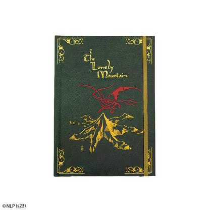 Carnet rigide inspiré par Le Hobbit, intitulé 'The Lonely Mountain', offrant 160 pages blanches pour vos pensées créatives, avec une élégante couverture et un élastique de fermeture, idéal pour les fans de J.R.R. Tolkien.