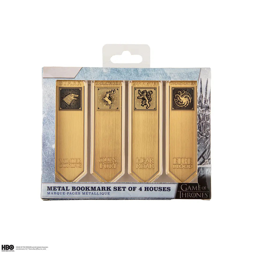 Marque-pages métal représentant les maisons emblématiques de Westeros, proposé par Distrineo, idéal pour les amateurs de Game of Thrones.