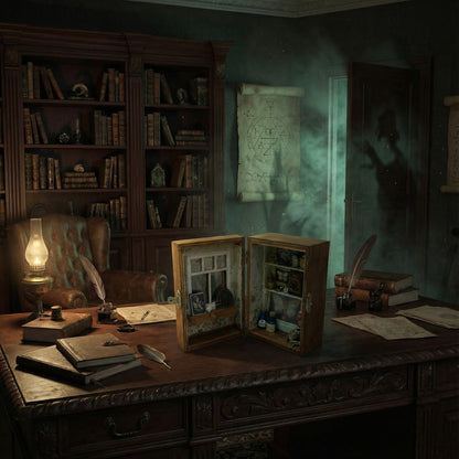 Miniature unique - Les Fées de Cottingley, représentant une fenêtre entrouverte avec des artefacts anciens évoquant un lieu féérique, capturant la magie et la légende.