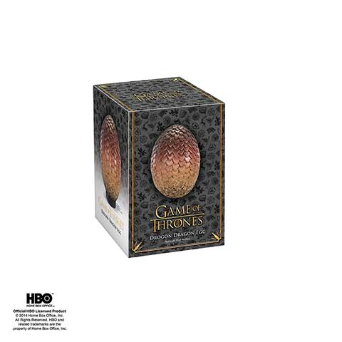 Œuf de Drogon de Game of Thrones exposé sur un élégant support, idéal pour les collectionneurs et fans de la série.