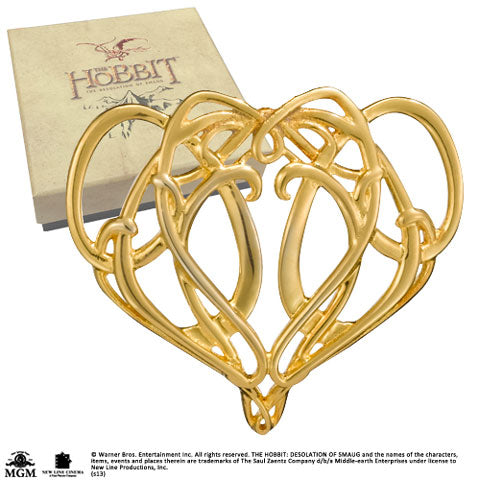 Broche Elrond inspirée du Hobbit, un accessoire élégant plaqué or, dimensions 8,9 x 7,6 cm, parfait pour les fans de J.R.R. Tolkien.