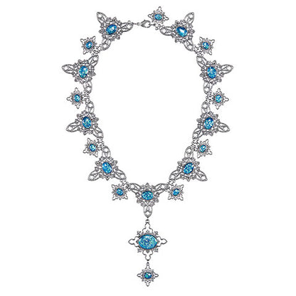Réplique du collier d’Opale Maudit – Harry Potter, orné de pierres bleues mystérieuses et plaqué argent vieilli, présentant un élégant design vintage.
