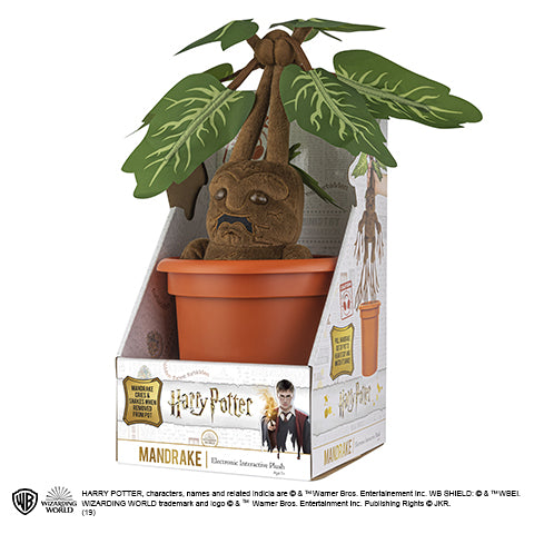 La peluche interactive Mandragore - Harry Potter en gros plan, mettant en avant ses feuilles luxuriantes et son pot, rappelant la magie de Poudlard.