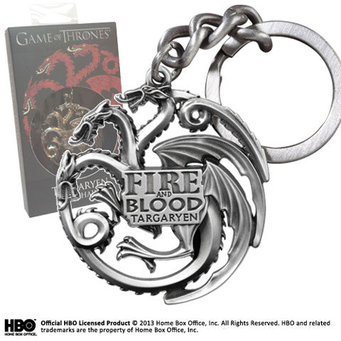 Porte-clés GOT Targaryen gris-chrome en métal de haute qualité, représentant le loup emblématique, parfait pour les fans de Game of Thrones.