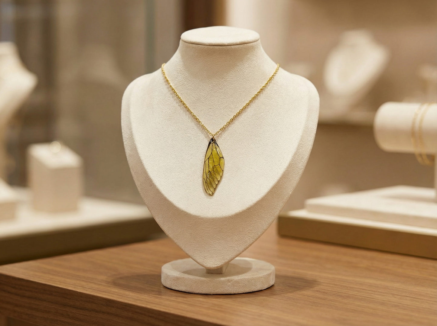 Détail du pendentif Aile de fée, fait main par Les Lubies Fleuries, un accessoire élégant qui attire l'attention.