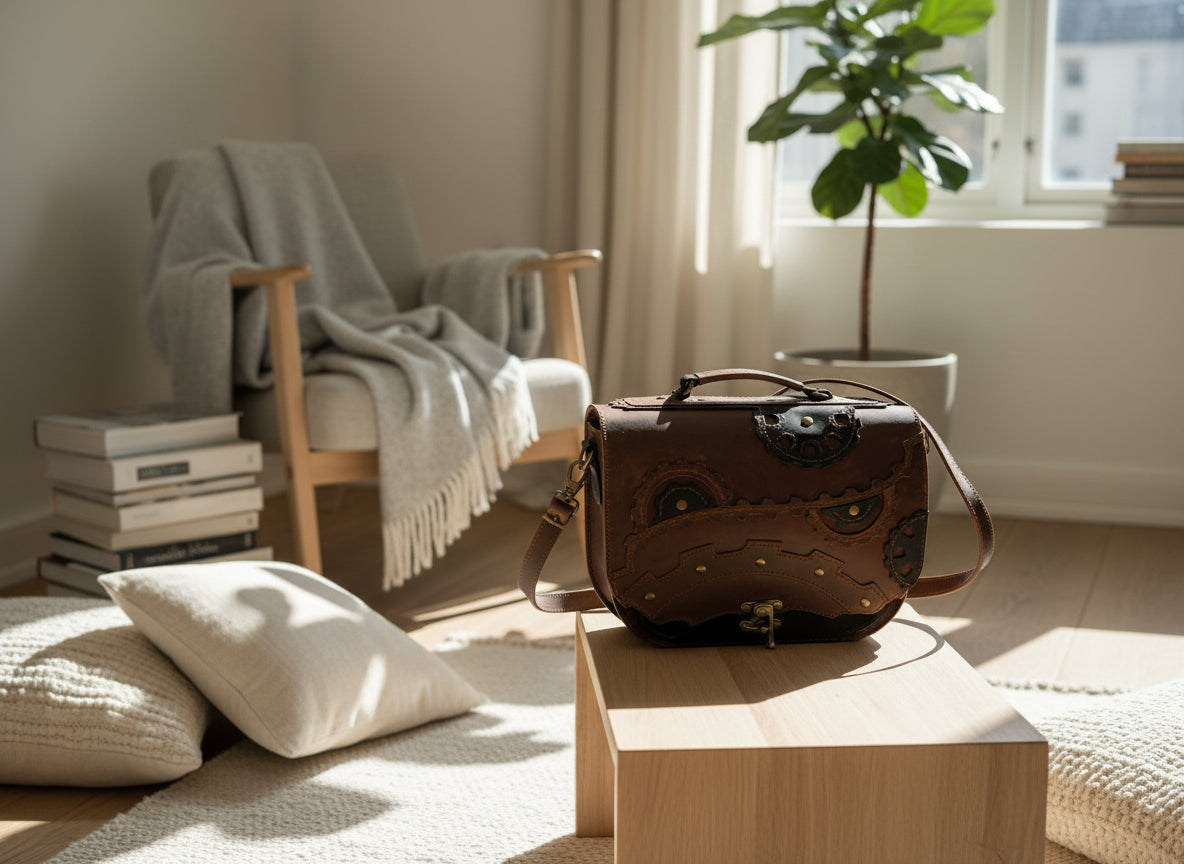 Sac à main Steampunk en cuir véritable, alliant style victorien et mécaniques fascinantes, conçu par Natale créations cuir.