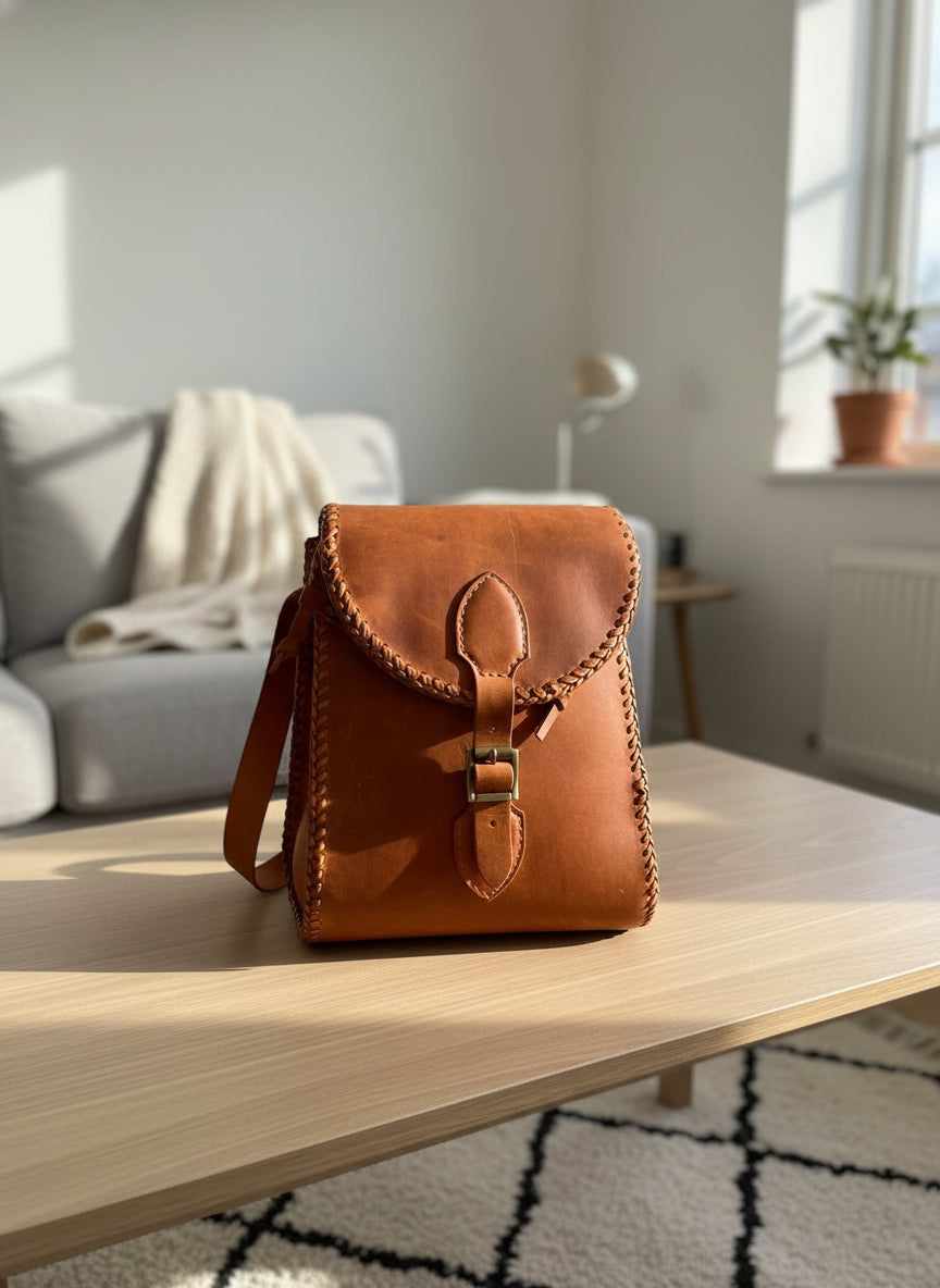 Sac à dos en cuir véritable brun orangé, une création de Natale créations cuir, alliant élégance et fonctionnalité avec un design chic et des finitions haut de gamme.
