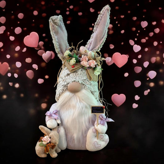 Gnome Lapin maman + petit lapin rose chapeau blanc - CREA CRIS