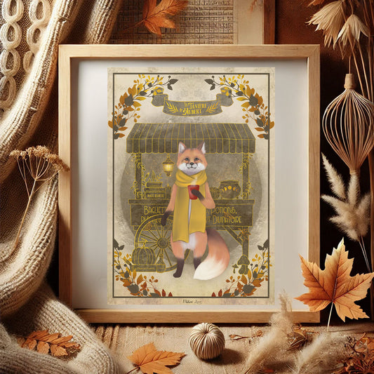 Affiche A5 - La Tannière d'Albert - L'Échoppe d'Automne sans cadre, illustration captivante de Mihne Creations représentant un univers automnal magique avec des feuilles mortes et des potions, idéale pour embellir votre décoration intérieure.