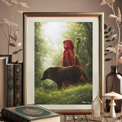 Affiche A5 - Illustration Le Chaperon Rouge et le loup avec cadre, explorant la magie et le mystère des contes de fées, créée par Mihne Creations.
