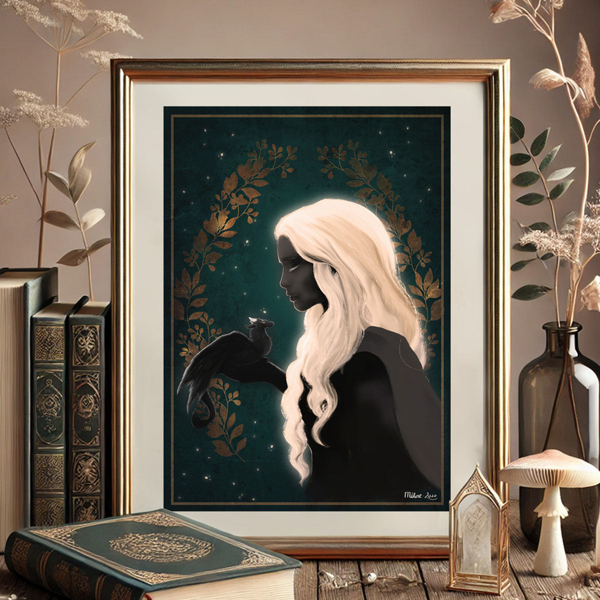 Affiche A4 - La Gardienne du Dragon avec cadre, illustrant une protectrice et son dragon dans un univers puissant et poétique, créée par Mihne Creations.