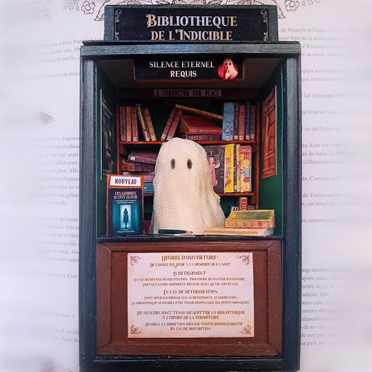 Miniature La Bibliothèque de l'Indicible, un objet d'art captivant qui évoque un monde magique rempli de livres mystérieux à découvrir dans les rêves.