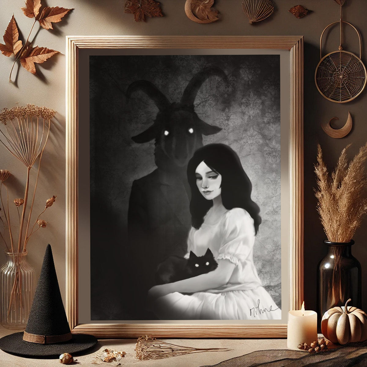 Affiche A5 - Portrait de Sorcière (sans cadre) de Mihne Creations, illustration captivante d'une sorcière douce entourée de symboles anciens, parfaite pour décorer votre espace.