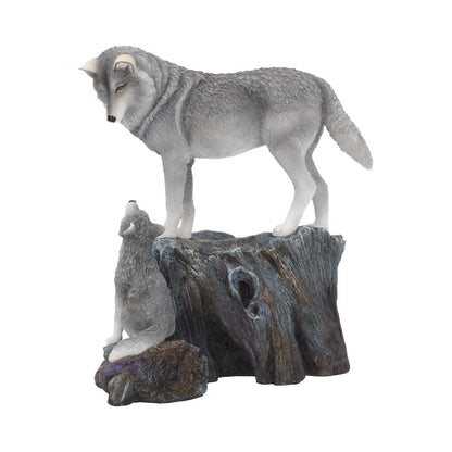 Figurine Loup et son petit, ornement de Lisa Parker, détaillée et peinte à la main en résine, illustrant un loup protecteur et son louveteau adoré.