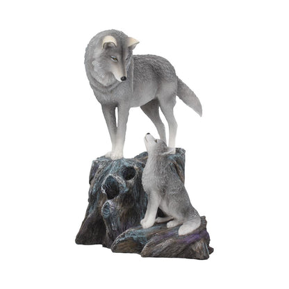Figurine Loup et son petit, ornement de Lisa Parker, capturant le moment tendre entre un loup adulte et son petit, une pièce décorative unique.