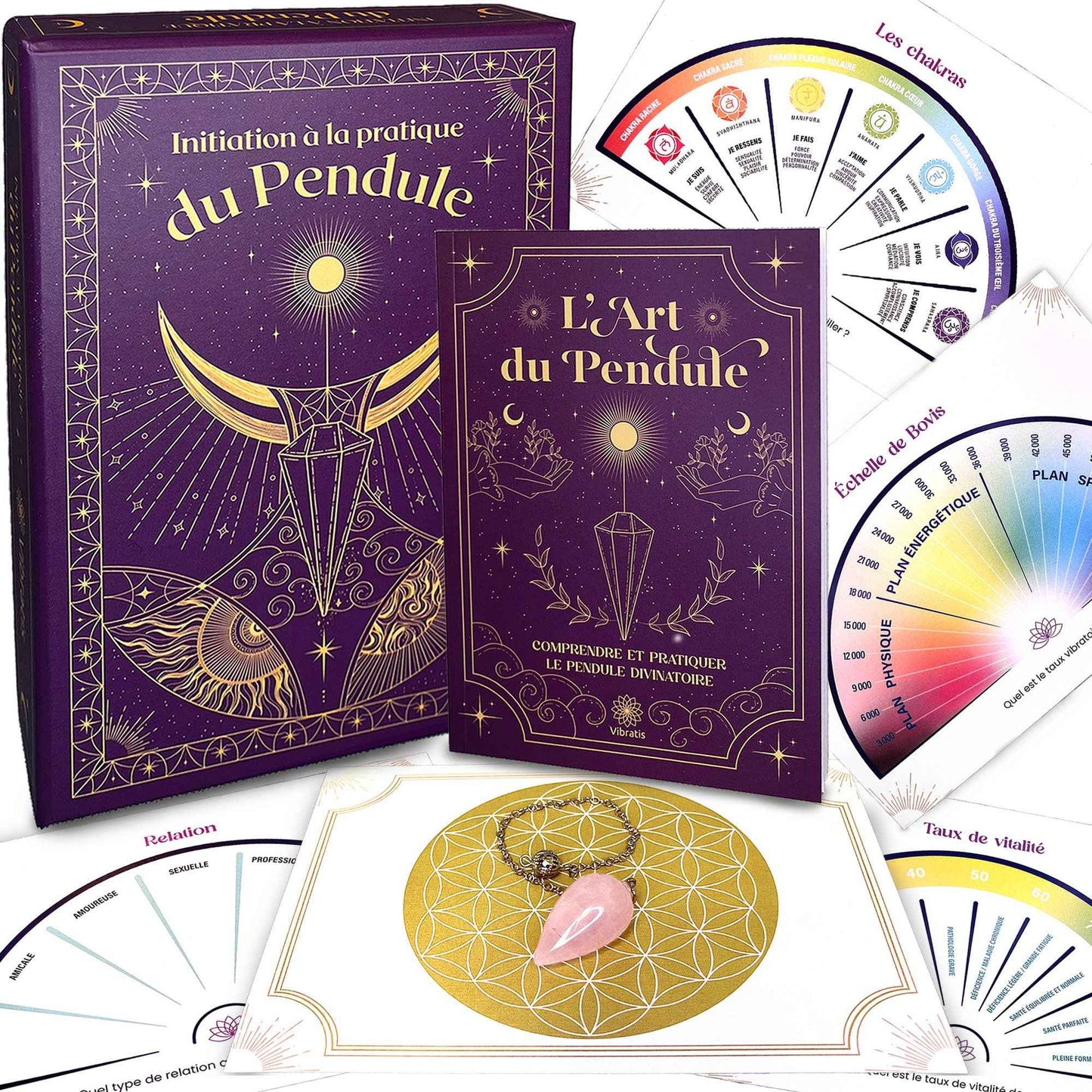 Coffret art du pendule de Vibratis, comprenant un pendule divinatoire en quartz rose et un manuel d'initiation.