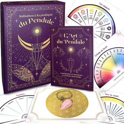 Coffret art du pendule de Vibratis, comprenant un pendule divinatoire en quartz rose et un manuel d'initiation.